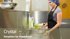  Presentation with restaurant kitchen - Slide set enhanced with woman washing the dishes background and a coral colored foreground