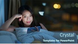 Presentation with phone - Amazing PPT layouts having woman watch on mobile phone at night backdrop and a ocean colored foreground