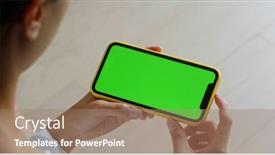  Presentation with green screen - Presentation theme consisting of woman-watch-on-mobile-phone background and a coral colored foreground