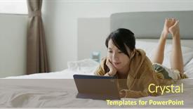  Presentation with pets on computer - Presentation theme featuring woman-watch-on-tablet-computer background and a  colored foreground