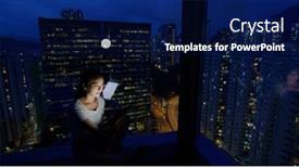  Presentation with computer - Slides enhanced with woman-watch-on-tablet-computer background and a navy blue colored foreground