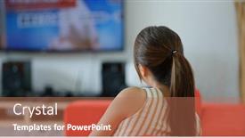  Presentation with home - PPT theme with woman-watch-tv-at-home background and a coral colored foreground