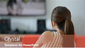  Presentation with home - Beautiful PPT layouts featuring woman-watch-tv-at-home backdrop and a coral colored foreground