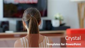  Presentation with home - Audience pleasing PPT theme consisting of woman-watch-tv-at-home backdrop and a tawny brown colored foreground