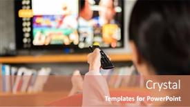  Presentation with remote - Slide set featuring woman-watch-tv-at-home background and a coral colored foreground