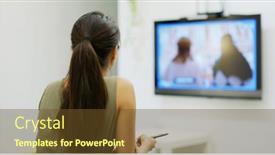  Presentation with home - Presentation theme having woman-watch-tv-at-home background and a tawny brown colored foreground