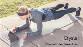  Presentation with motivational - Colorful presentation design enhanced with woman watching a motivational video backdrop and a light gray colored foreground