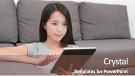  Presentation with film - Presentation design with woman watching film on tablet background and a tawny brown colored foreground