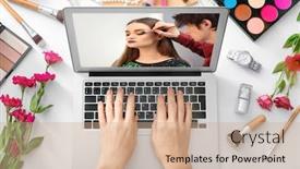  Presentation with makeup artist - Presentation theme with woman watching online training for professional makeup artist on laptop at table background and a coral colored foreground