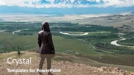  Presentation with global warming - Slide set enhanced with woman watching to glacier in altai mountains resting in mountains or global warming concept background and a coral colored foreground