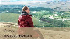  Presentation with global-warming - Amazing presentation design having woman watching to glacier in altai mountains resting in mountains or global warming concept backdrop and a coral colored foreground