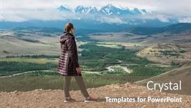  Presentation with global warming - Amazing presentation having woman watching to glacier in altai mountains resting in mountains or global warming concept backdrop and a coral colored foreground