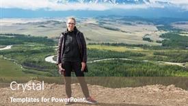  Presentation with global warming - Presentation with woman watching to glacier in altai mountains resting in mountains or global warming concept background and a coral colored foreground