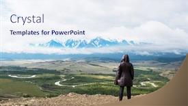  Presentation with global warming - Amazing PPT theme having woman-watching-to-glacier backdrop and a sky blue colored foreground