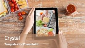  Presentation with food technology - Slide deck with up of woman watching tutorial background and a coral colored foreground