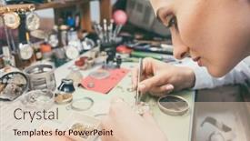  Presentation with working - Presentation theme with woman-watchmaker-working-diligently background and a  colored foreground