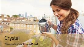  Presentation with container - Audience pleasing theme consisting of woman watering plant in container backdrop and a yellow colored foreground