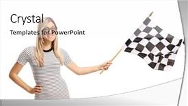  Presentation with checkered flag - Cool new slides with woman waving a checkered flag backdrop and a white colored foreground