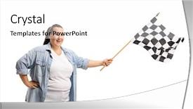  Presentation with checkered flag - PPT theme featuring woman waving a checkered race background and a white colored foreground