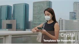  Presentation with smart city - Slide set with woman-wear-face-mask background and a violet colored foreground