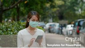  Presentation with mobile use - Presentation theme consisting of woman-wear-mask-and-use background and a gray colored foreground