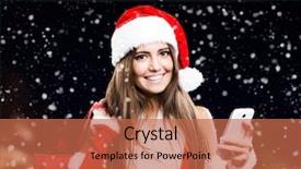  Presentation with falling snow - PPT theme having woman wearing a christmas dress using a mobile phone while the snow is falling search bar on the foreground internet search concept background and a coral colored foreground