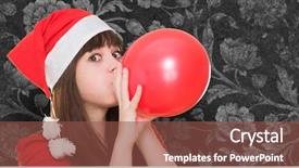  Presentation with vintage christmas - Cool new theme with woman wearing a christmas hat and blowing a balloon against a vintage background backdrop and a tawny brown colored foreground