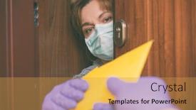  Presentation with face mask - PPT theme with woman-wearing-a-protective-face background and a gold colored foreground