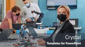  Presentation with invention - PPT theme having woman-wearing-a-protective-mask background and a dark gray colored foreground