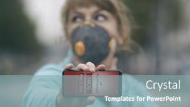  Presentation with pollution air - Slide deck with woman wearing a real anti-pollution anti-smog and viruses face mask and checking current air pollution with smart phone app background and a light blue colored foreground