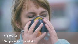  Presentation with pollution air - Slide set enhanced with woman wearing a real anti-pollution anti-smog and viruses face mask dense smog in air background and a coral colored foreground