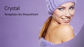  Presentation with winter - Slide deck having woman wearing a winter cap background and a light blue colored foreground