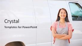  Presentation with apron - Cool new PPT theme with woman wearing apron standing in front of van backdrop and a sky blue colored foreground