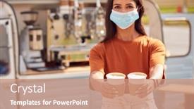  Presentation with takeaway coffee - Colorful presentation design enhanced with woman-wearing-face-mask-running backdrop and a coral colored foreground