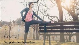  Presentation with face mask - Amazing PPT layouts having woman-wearing-face-mask-stretching backdrop and a coral colored foreground