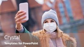  Presentation with face mask - Amazing slide deck having woman-wearing-face-mask backdrop and a coral colored foreground