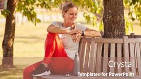  Presentation with fitness clothing - Slide deck having woman-wearing-fitness-clothing-sitting background and a coral colored foreground