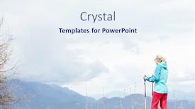  Presentation with trekking - Presentation theme enhanced with woman wearing glasses and outdoor clothing hardshell waterproof jacket and softshell pants standing with trekking poles in hands during hiking track in bavarian alps - healthy lifestyle concept background and a sky blue colored foreground