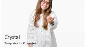  Presentation with hat - Colorful presentation theme enhanced with woman wearing glasses and winter backdrop and a white colored foreground