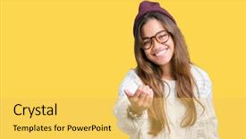  Presentation with over come challanges - Amazing PPT theme having woman wearing glasses and winter backdrop and a yellow colored foreground