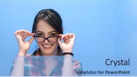  Presentation with glasses - Colorful PPT theme enhanced with woman wearing glasses on colorfull backdrop and a light blue colored foreground