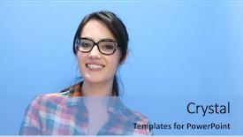  Presentation with thick glasses - Cool new PPT theme with woman wearing glasses on colorfull backdrop and a light blue colored foreground
