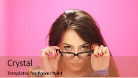  Presentation with thick glasses - Audience pleasing PPT theme consisting of woman wearing glasses on colorfull backdrop and a coral colored foreground