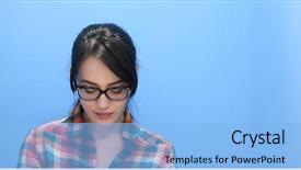  Presentation with glasses - PPT theme having woman wearing glasses on colorfull background and a light blue colored foreground