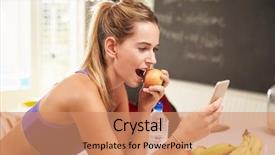  Presentation with mobile phone in woman hand - Beautiful presentation theme featuring woman wearing gym clothing looking backdrop and a  colored foreground