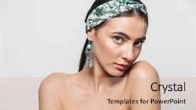  Presentation with beauty - Colorful slide set enhanced with woman wearing headband and earrings backdrop and a coral colored foreground