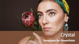  Presentation with flower woman - PPT layouts having woman wearing headband and earrings background and a coral colored foreground