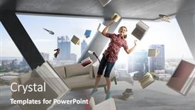  Presentation with headphones - Presentation theme having woman-wearing-headphones-jumping-mixed background and a gray colored foreground