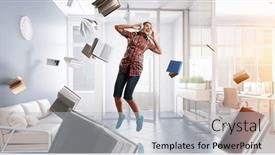  Presentation with headphones - Presentation design enhanced with woman-wearing-headphones-jumping-mixed background and a light gray colored foreground