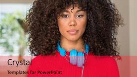  Presentation with headphones - Slide set having woman wearing headphones with serious background and a red colored foreground